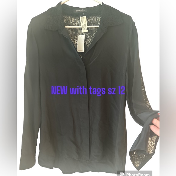 Paperwhite Black Flowy Silk Collared Blouse Sz 12 NWT Lace Chic NEW - Picture 1 of 16